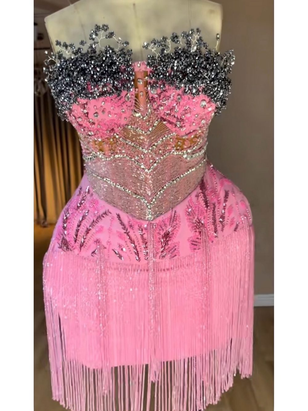 Hand Crafted Pink Strapless Beaded Fringe Cocktail Dress